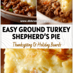 Close-up of creamy mashed potatoes over a hearty layer of ground turkey and sausage in a baking dish.